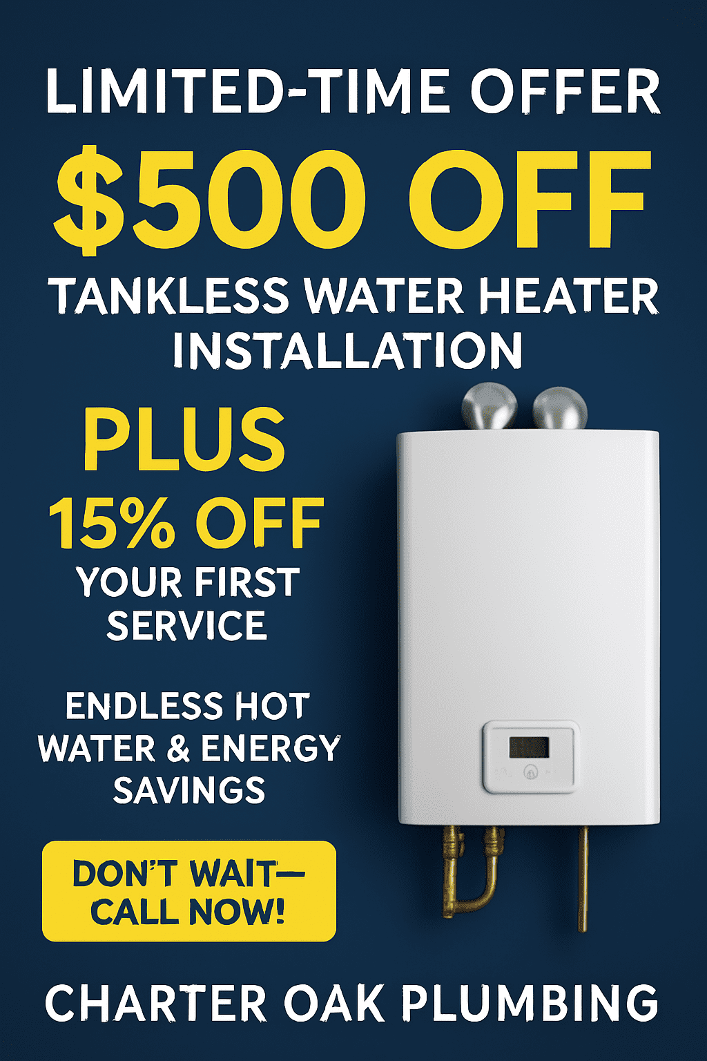 Professional tankless water heater installation in New Britain CT featuring a $500 discount from Charter Oak Plumbing.